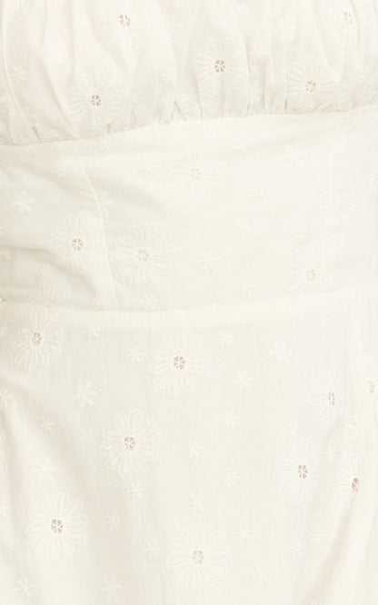 Lyra Midi Dress - Broderie Ruched Bust Halter Neck Dress in White