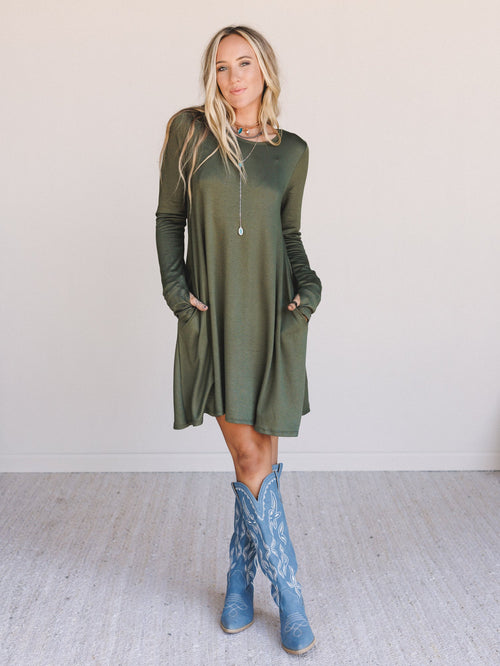 The Nest Jake Long Sleeve Crewneck Dress - Olive - Pre Order