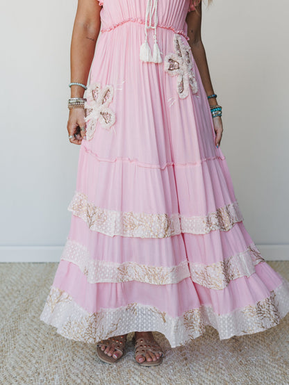 Flowery Night Maxi Dress - Pink