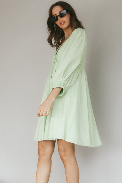 New Haven Puff Sleeve Swing Dress Lime