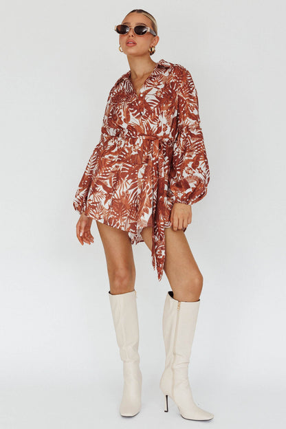 Daytona Beach Long Sleeve Shirt Romper Leaves Brown
