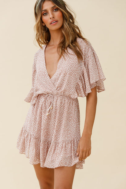 Esme V-Neckline Drawstring Waist Dress Sprinkle Print Pink