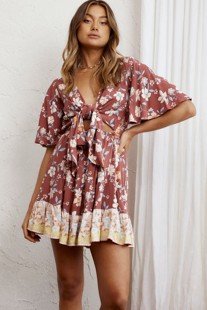 Suva Tie-Knot Bust A-Line Dress Floral Chocolate