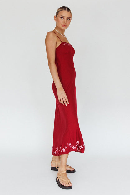 Star Garden Embroidered Midi Dress Wine