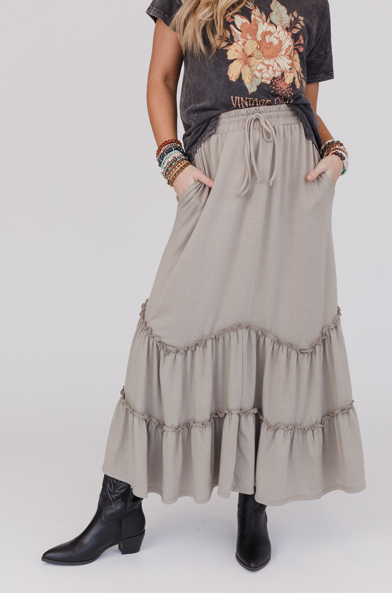 The Nest Bunches Of Love Tiered Maxi Skirt - Taupe - Pre Order
