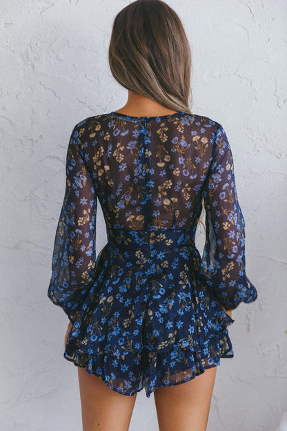 Maddox Fit & Flare Long Sleeve Romper Botanic Print Navy