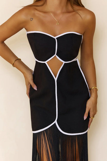 Strapless Fringe Bodycon Midi Dress Black