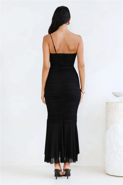 Style Night One Shoulder Mesh Midi Dress Black