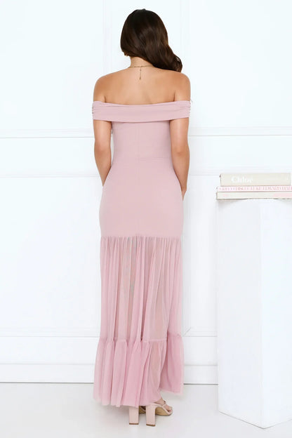 Starlit Aurora Off Shoulder Mesh Maxi Dress Pink