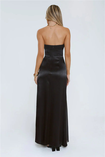 Statement Shine Strapless Satin Maxi Dress Black