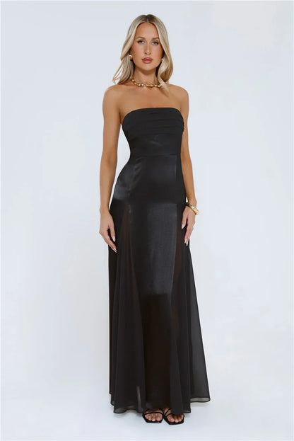 Statement Shine Strapless Satin Maxi Dress Black