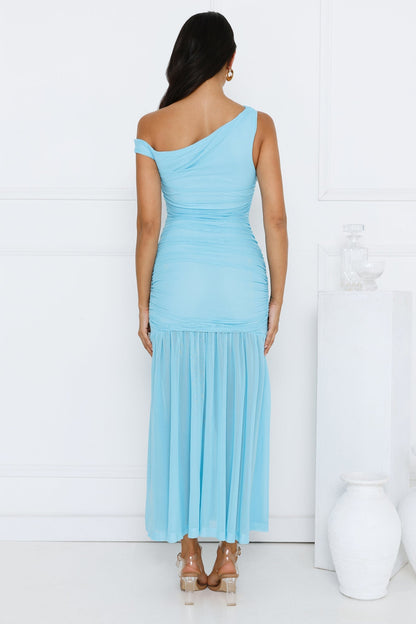 Stylish Diva Mesh Off Shoulder Midi Dress Blue