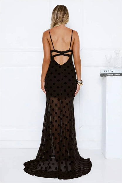Sultry Polka Dot Velvet Maxi Dress Black