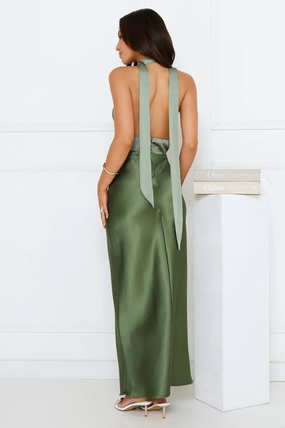 Sunlit Grove Satin Halter Maxi Dress Green