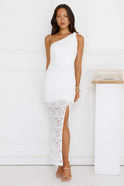 Champagne Crush One Shoulder Lace Maxi Dress White