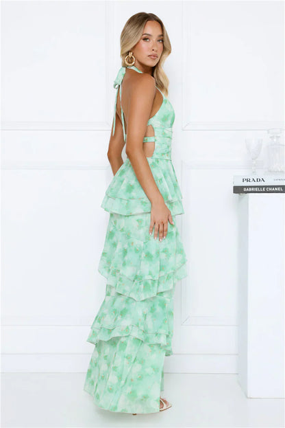 Summer Haze Floral Print Halter Maxi Dress Green