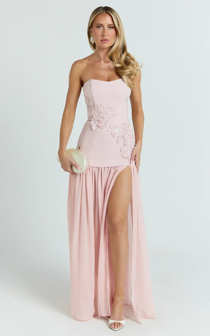 Jefferies Maxi Dress - Peplum Bodice Contrast Georgette Dress in Pink
