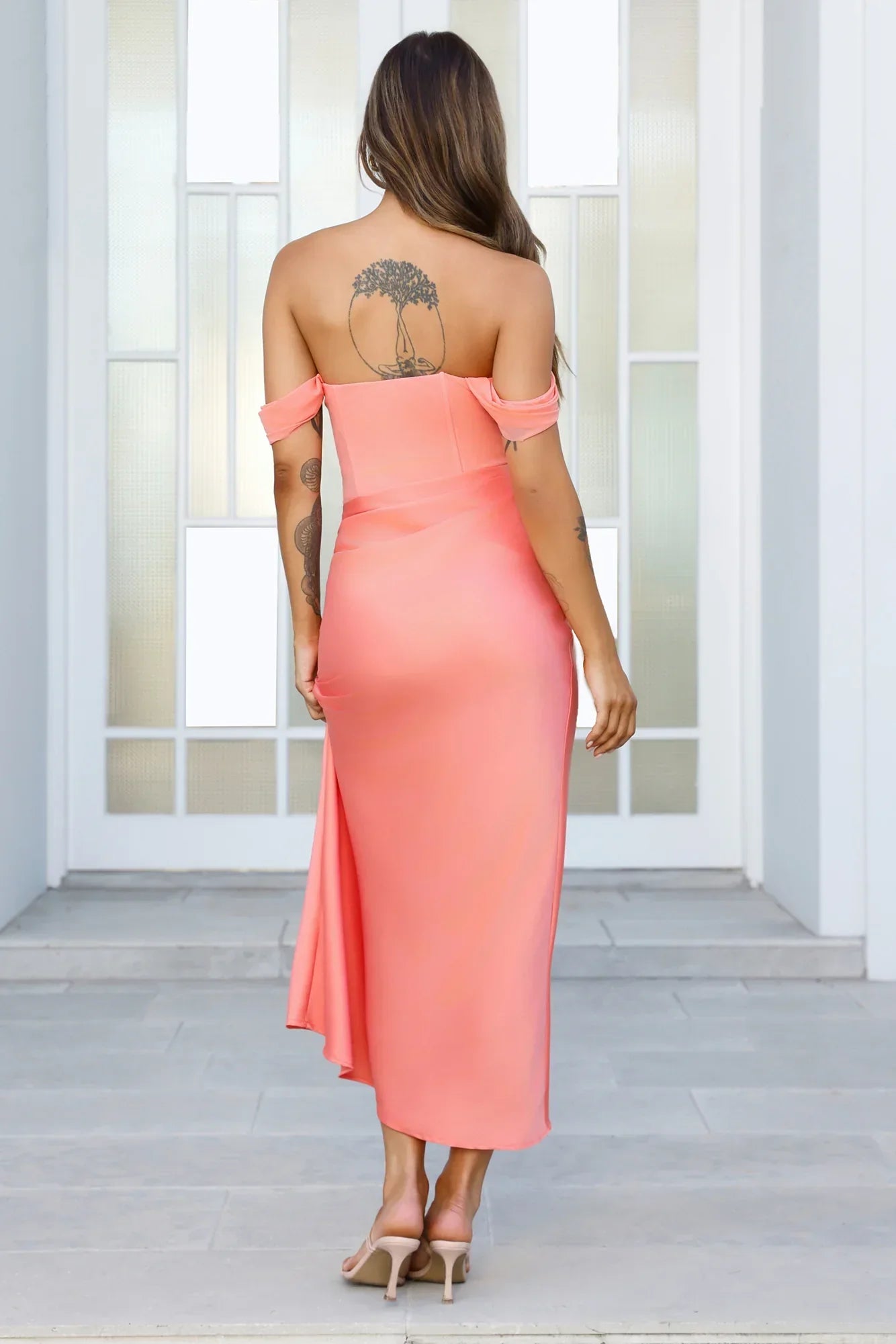 Sunrise Bloom Off Shoulder Mesh Maxi Dress Coral
