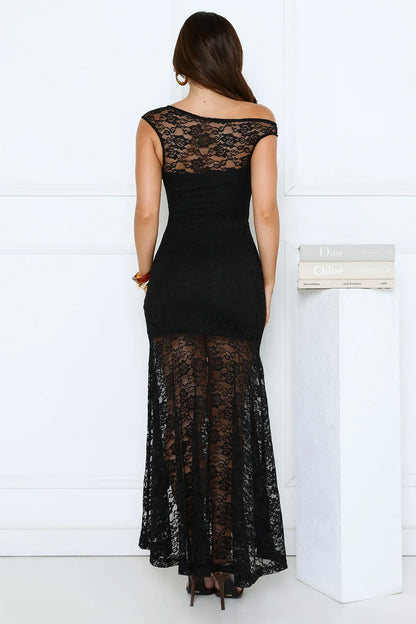 Sultry Spin Lace Off Shoulder Maxi Dress Black