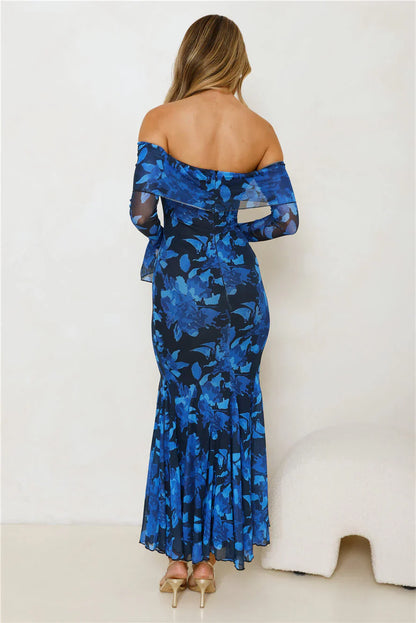 Style Supreme Off Shoulder Mesh Maxi Dress Blue