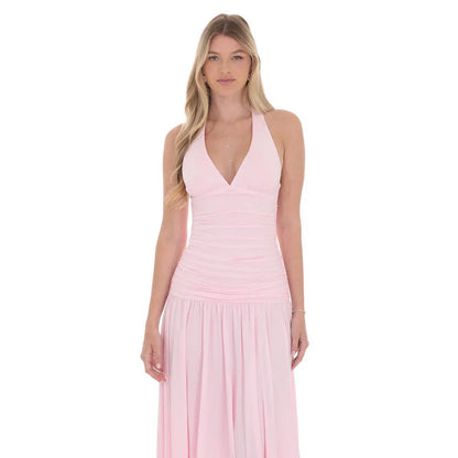 Halter Drop Waist Maxi Dress in Pink