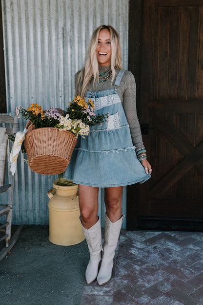 Petal Pockets Crochet Denim Dress - Denim - Pre Order