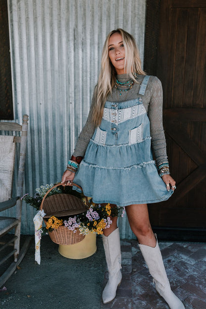 Petal Pockets Crochet Denim Dress - Denim - Pre Order
