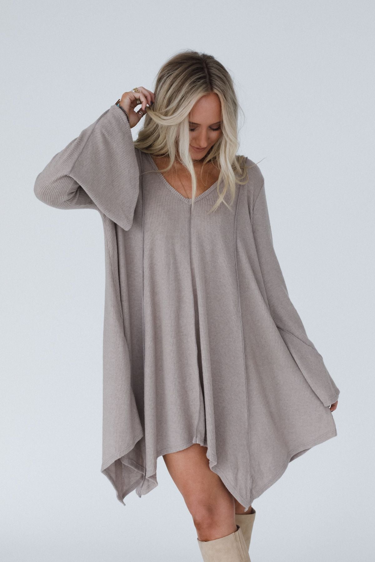 The Nest Golden Hour Long Bell Sleeve Tunic Dress - Latte - Pre Order